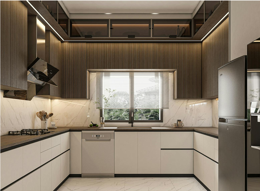Premium Stones modern kitchen with marble backsplash and sleek cabinetry.