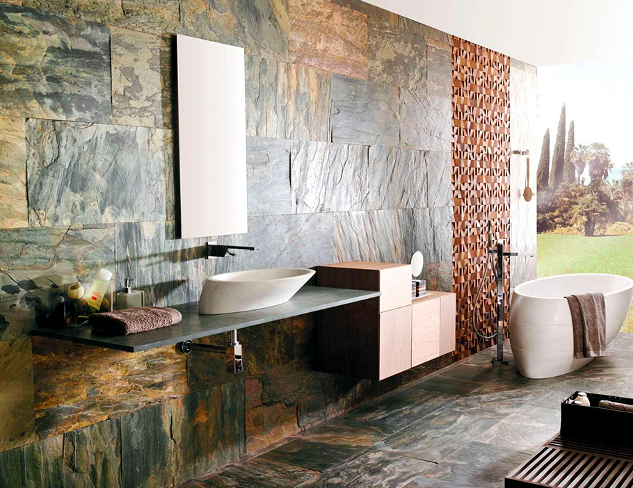 Premium Stones luxurious bathroom with natural stone walls and flooring.