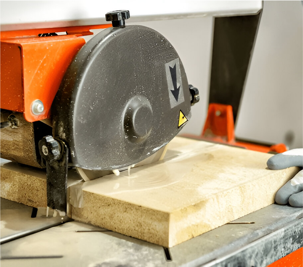 A precision stone-cutting saw in action at Premium Stones, shaping a slab with expert craftsmanship.