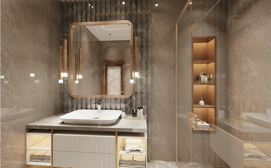 Premium Stones - Luxurious bathroom with a modern stone vanity, warm lighting, and a stylish floating mirror.