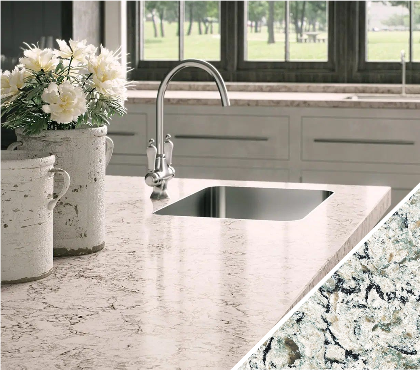 A stylish kitchen featuring a polished marble countertop with a built-in sink, complemented by rustic flower pots.