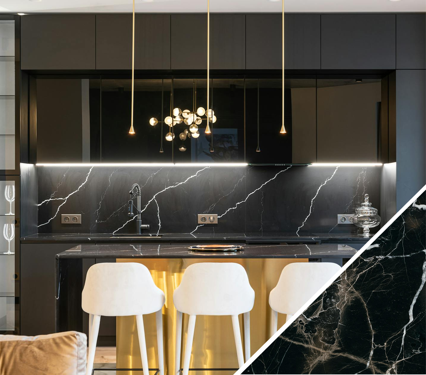 Premium Stones featured in a luxury black marble kitchen with gold accents and modern lighting.