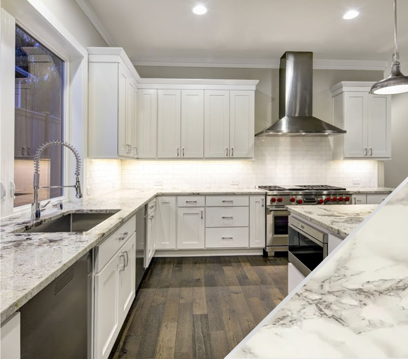 Premium Stones – A beautifully designed modern kitchen featuring white cabinets, stainless steel appliances, and elegant granite countertops.
