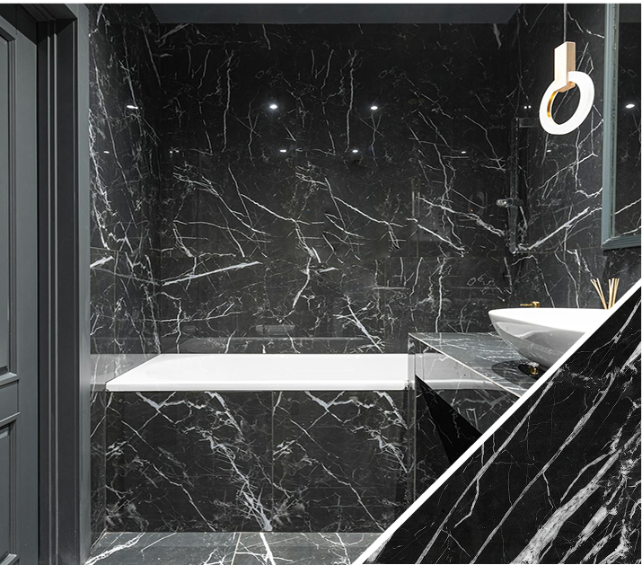 Premium Stones Elegant bathroom featuring premium black marble walls, a sleek bathtub, and modern lighting.
