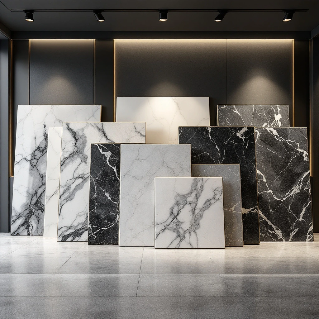 Elegant marble slabs in white and black tones displayed in a showroom.
